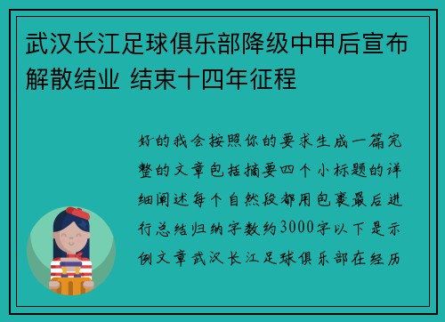 武汉长江足球俱乐部降级中甲后宣布解散结业 结束十四年征程 武汉长江足球俱乐部降级中甲后宣布解散结业 结束十四年征程